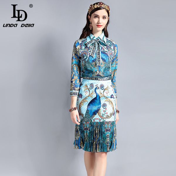 ld linda della vintage designer suit sets women's long sleeve bow collar blouse peacock pattern print draped skirt 2 piece set, Gray